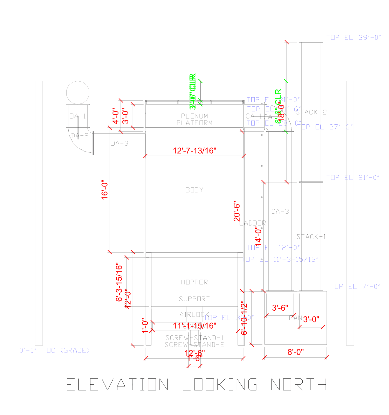 Elevation with set elevations and clear height to roof steel
