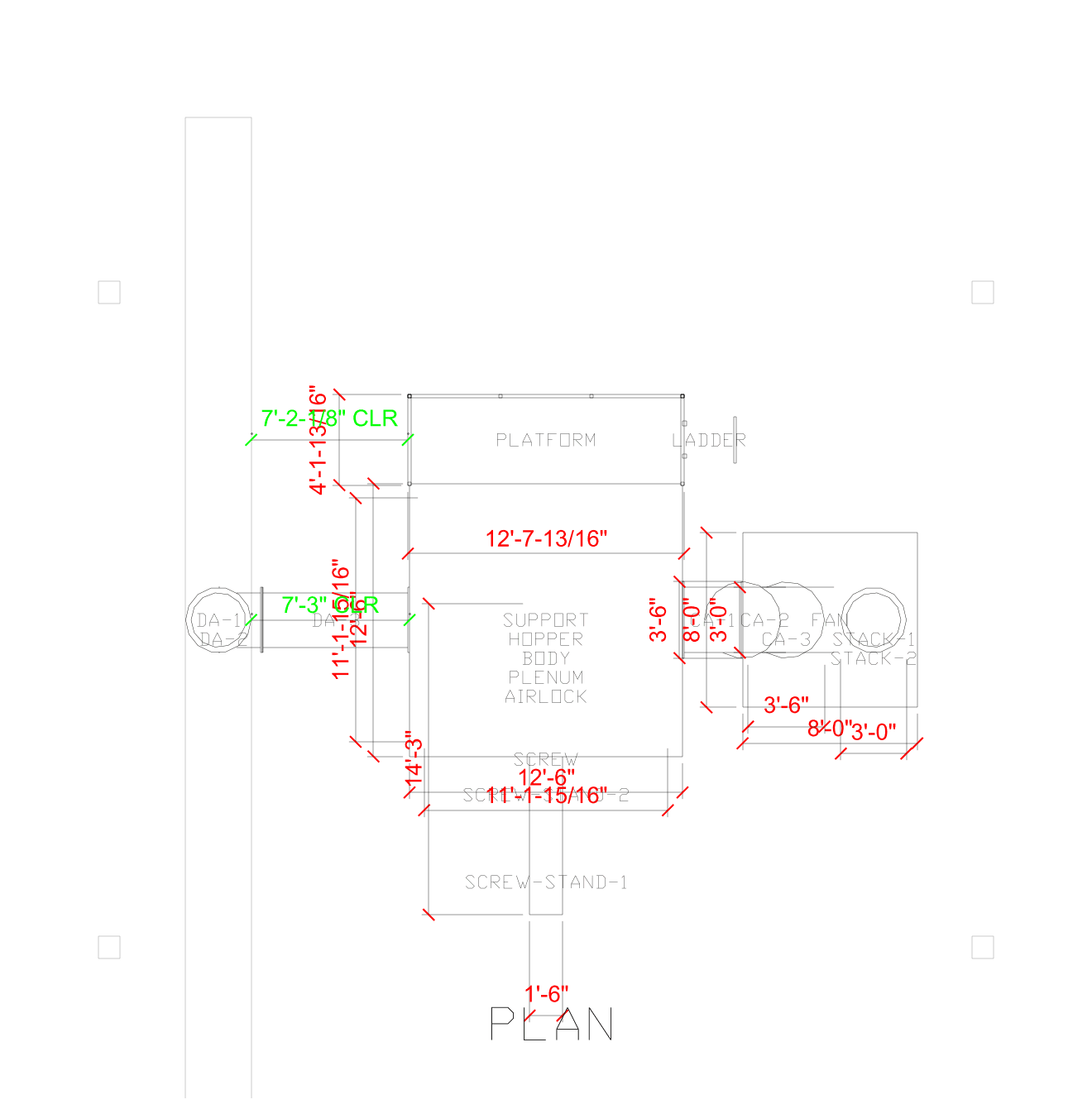Plan view with piece sizes and clear distances to existing columns and walls